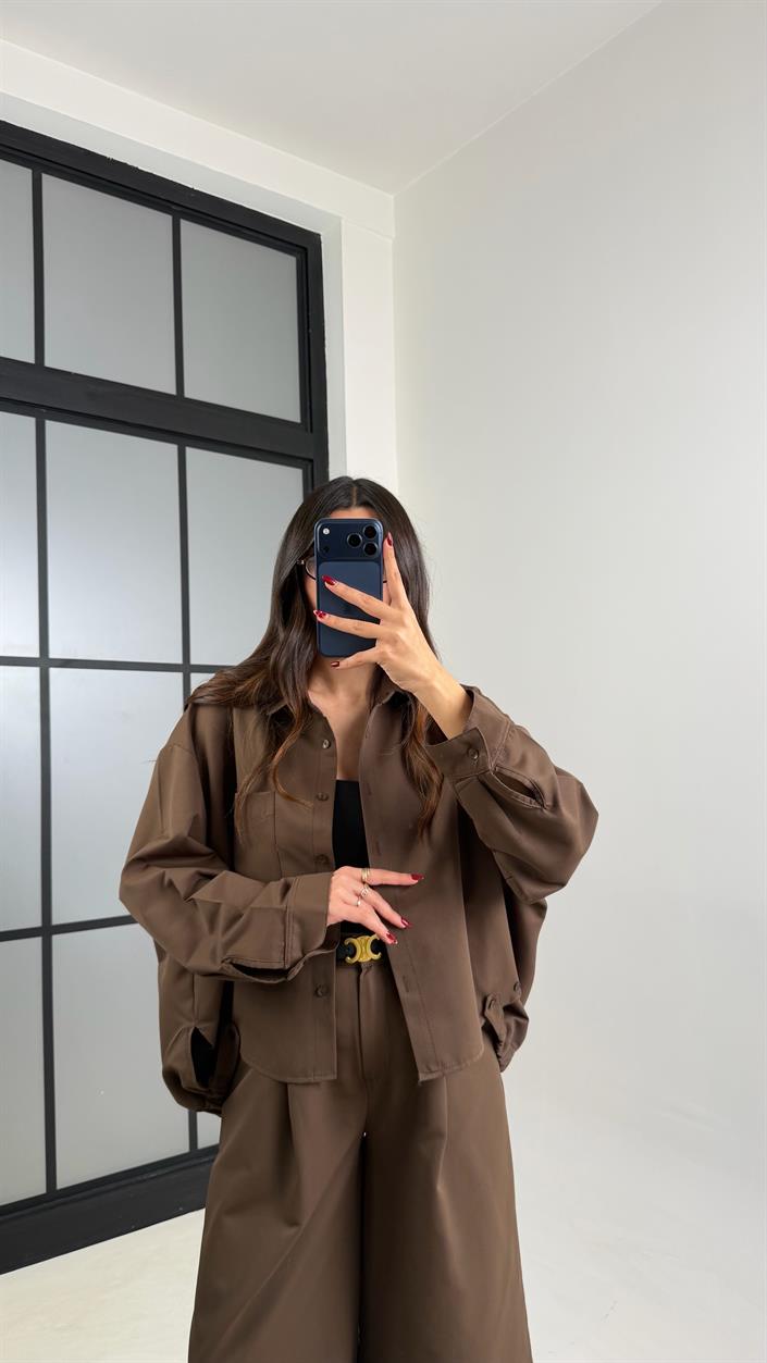 Kahve Gömlek Beli Lastikli Pantolon İthal Kumaş Takım GAUS-00799