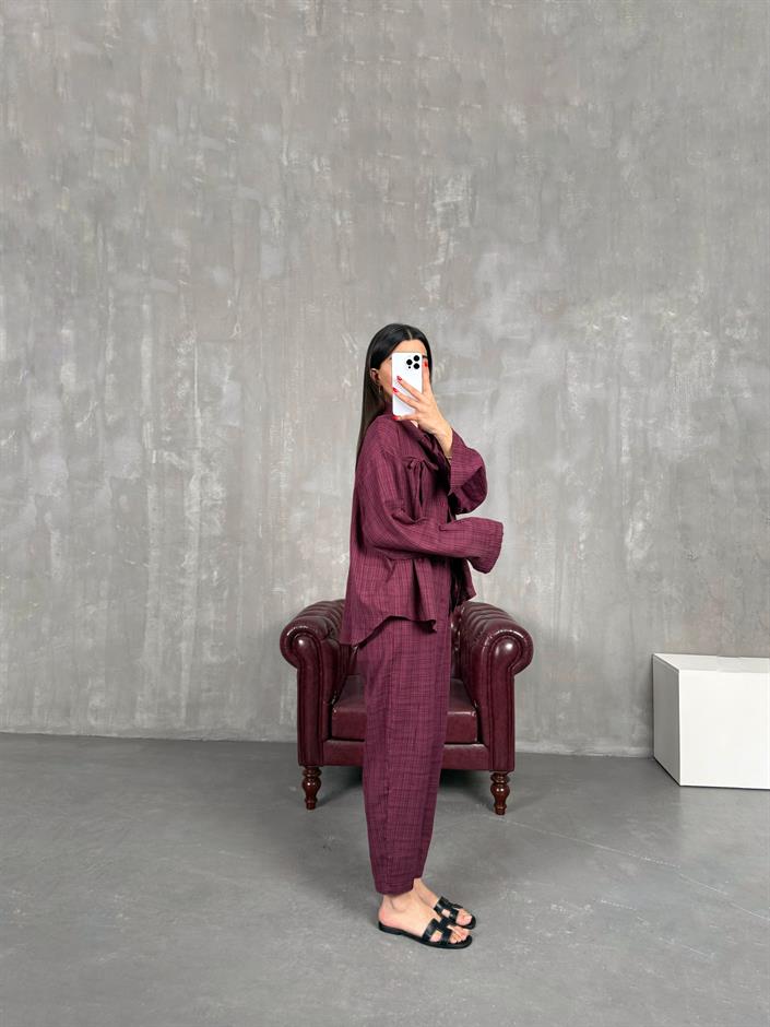 Bordo Kareli Keten Takım Gaus00194