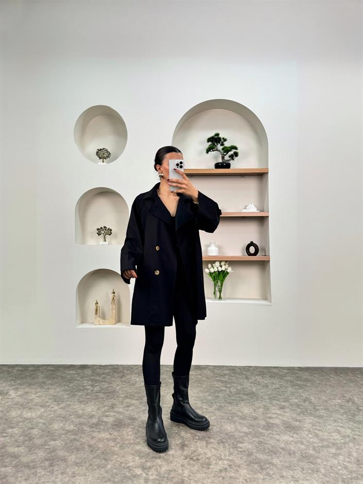 Anabel Siyah Kemerli Orta Boy Astarsız Trençkot