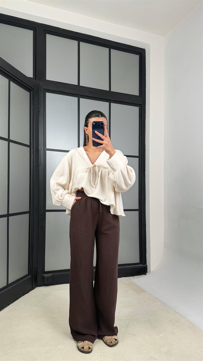 Acı Kahve Beli Lastikli Müslin Pantolon GAUS-01149