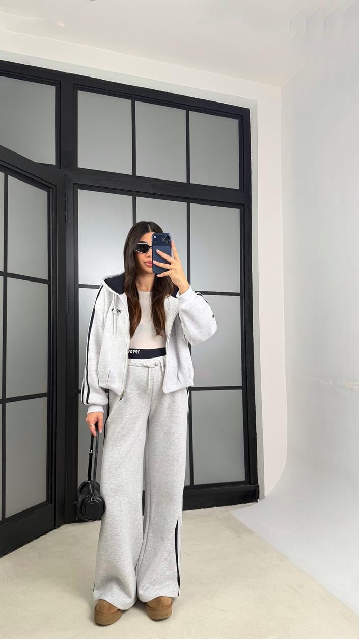 Gri Lacivert Şerit Detaylı Hırka Beli Lastikli Eşofman Şardonlu Takım GAUS-01174