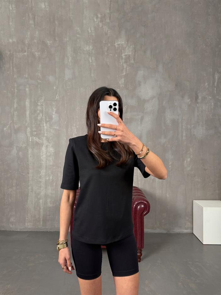 Marji Siyah Vatkalı Bisiklet Yaka Basic Tshirt