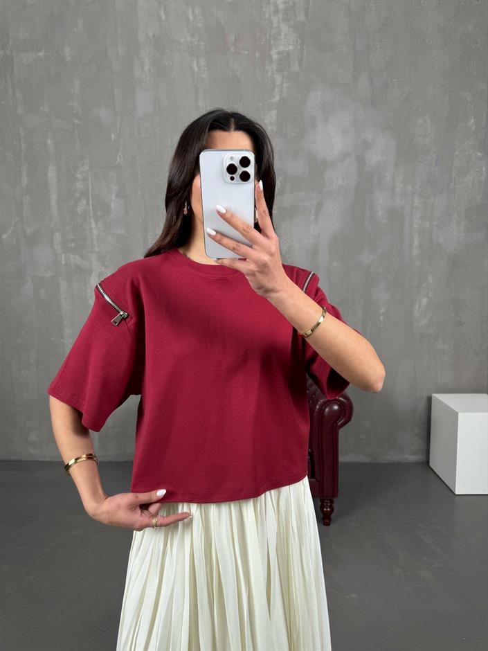 Ace Bordo MD Muadil Kol Fermuar Detaylı Tshirt