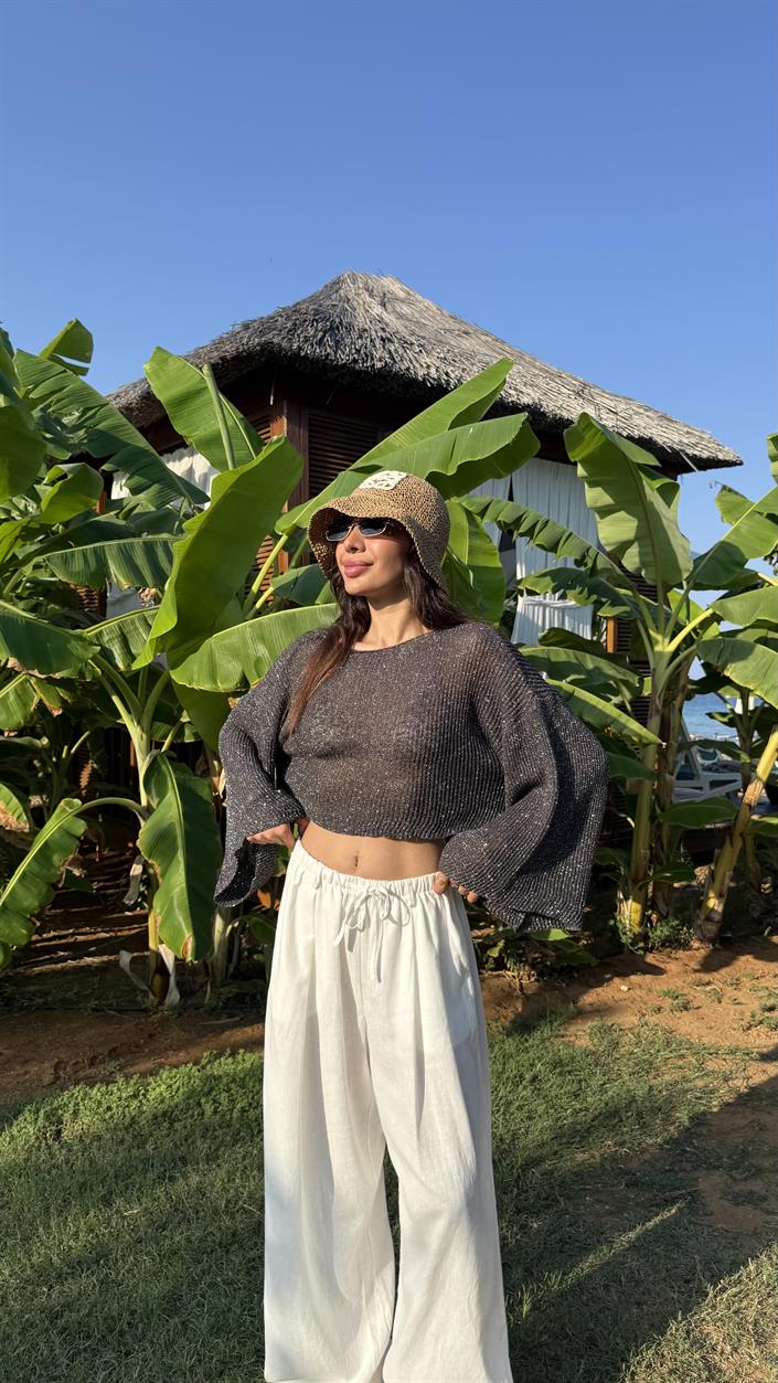 Vizon Önden Bağlamlı Beli Lastikli Bluz Etek İkili Kırışık Tencel Takım Gaus00655