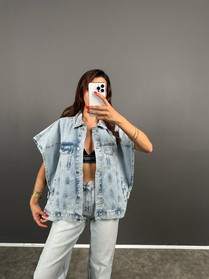 Laswel Buz Mavisi Yarasa Kol Tasarım Denim Kot Yelek 