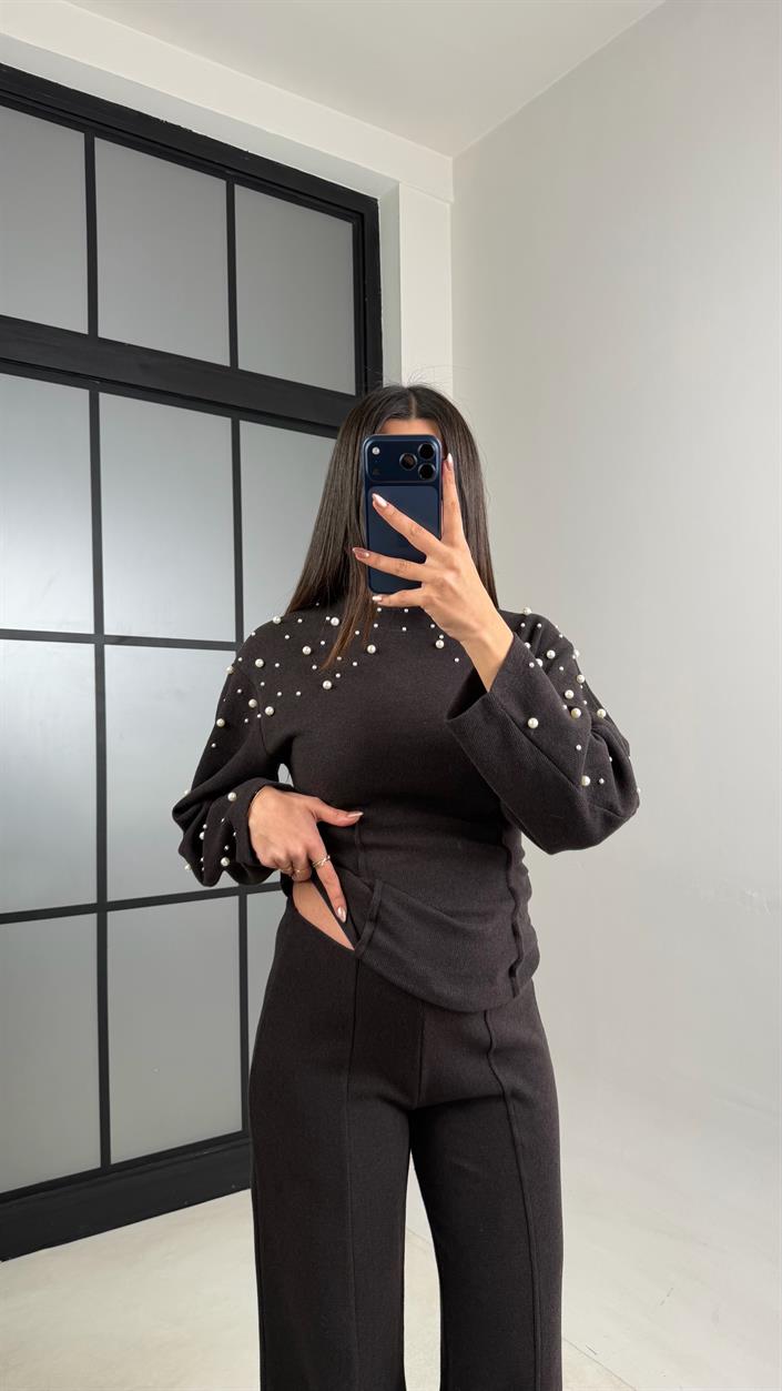 Acı Kahve İnci İşleme Detaylı Kazak Pantolon Selanik Triko Takım GAUS-01069