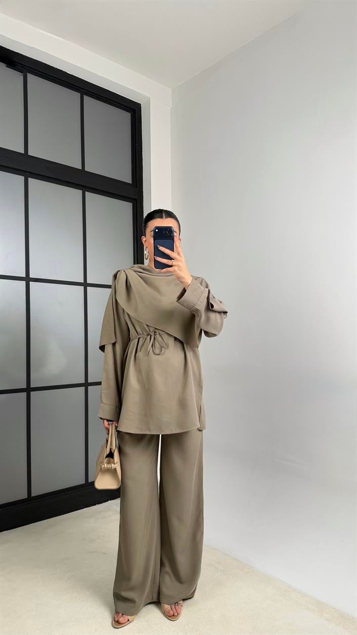 Haki Şal Detaylı Belden Kuşaklı Beli Lastikli İthal Kumaş İkili Takım GAUS-01154