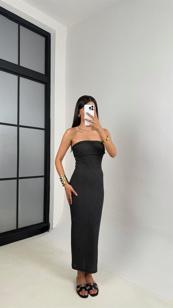 Antrasit Straplez Yırtmaçlı Bürümcük Elbise Gaus00645