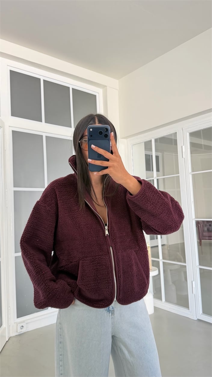 Mürdüm Fermuarlı Cepli Polar Sweatshirt GAUS-02031