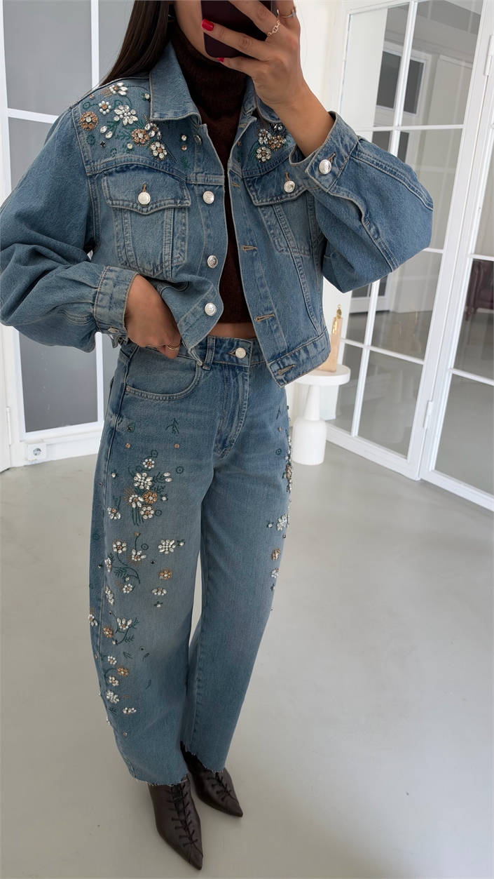 Mavi Taş İşlemeli İkili Denim Takım GAUS-02192