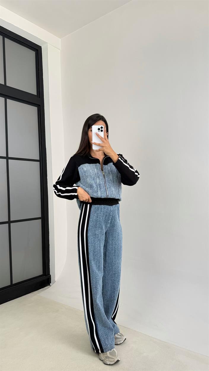 Siyah Şeritli Denim Detaylı Ceket Beli Lastikli Pantolon İkili Takım GAUS-00113