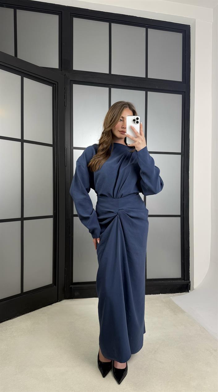 Indigo Mavi Drape Detaylı Etek Bluz Tencel Takım GAUS-01176
