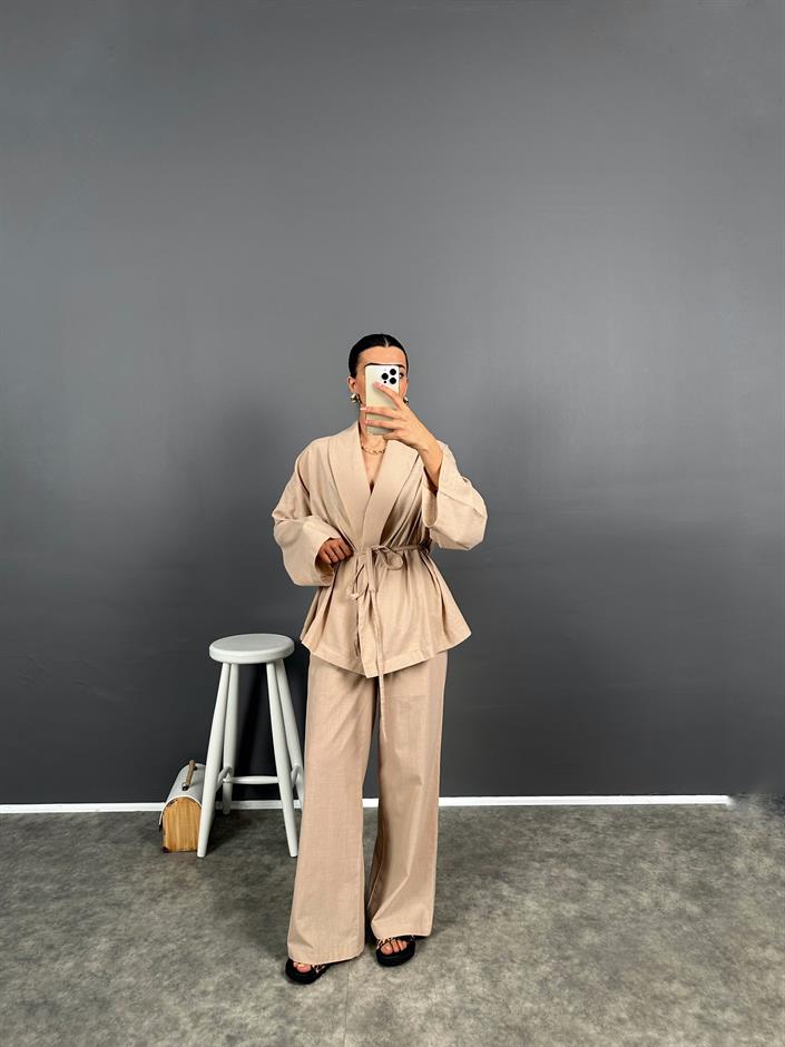 Guta Sütlü Kahve Keten Karışımlı Yarım Astarlı Pantolon Kimono İkili Takım