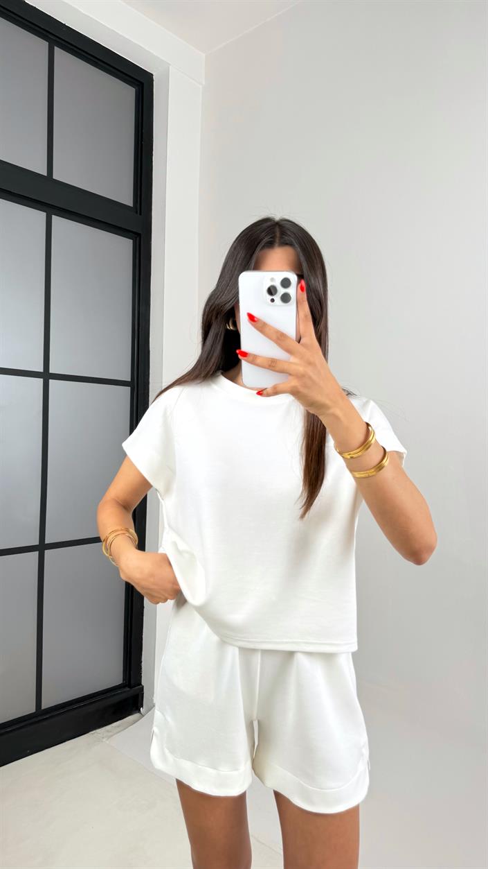 Beyaz Tshirt Şort İkili Modal Kumaş Takım Gaus00691