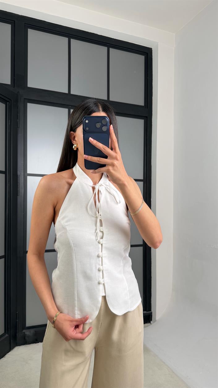 Ekru Boyundan Bağlamalı Düğmeli Keten Bluz GAUS-01422