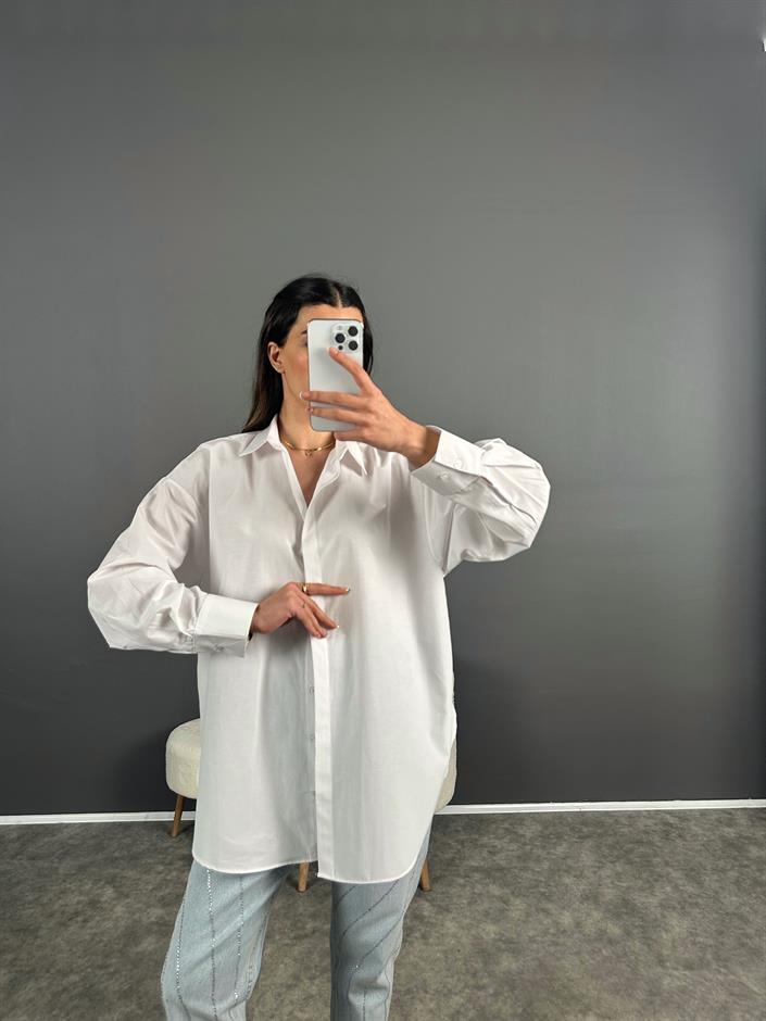 Min Beyaz Oversize Gizli Düğmeli Gömlek
