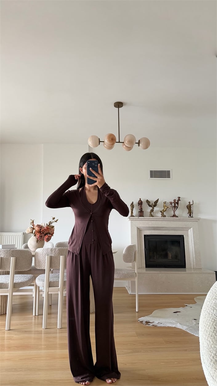 Kahve ZR Model Atlet Detaylı Hırka Pantolon İkli Takım GAUS-02100