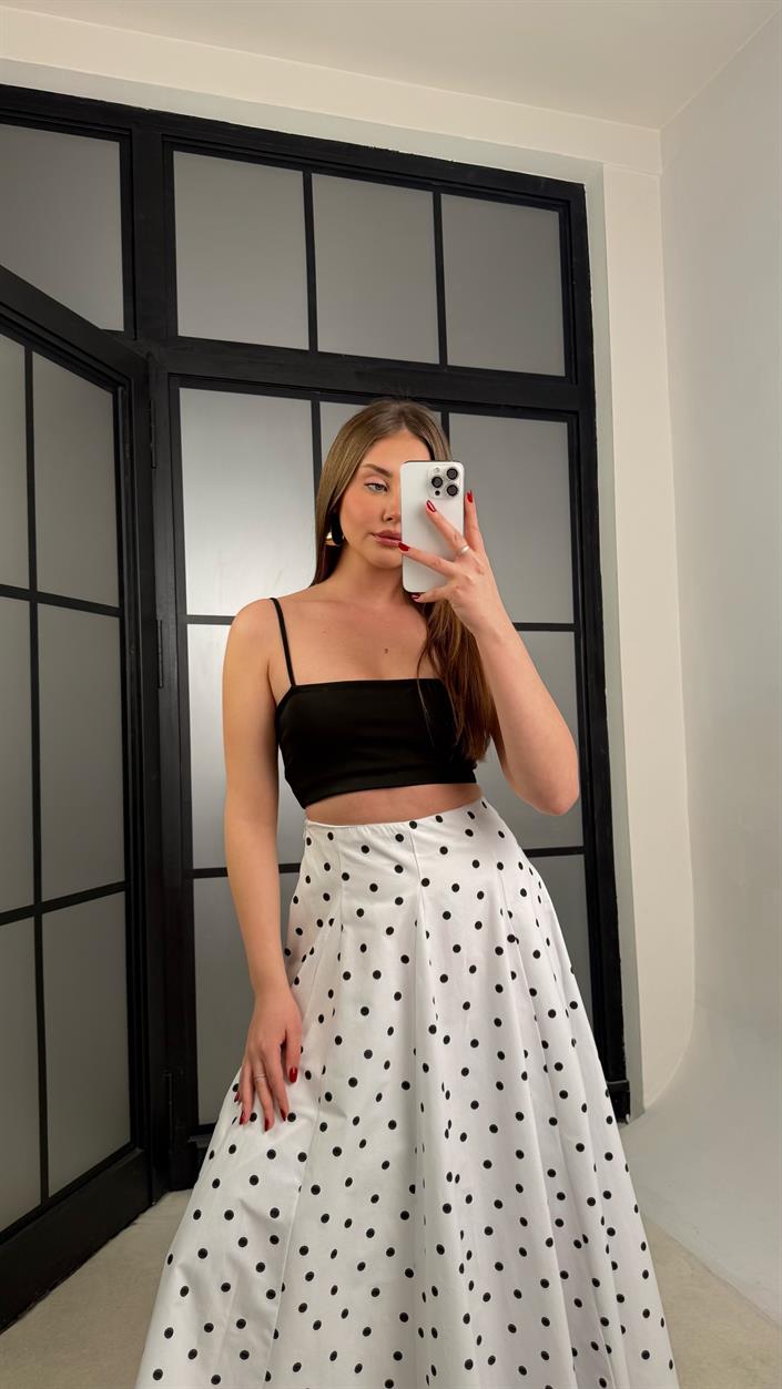 Beyaz Puantiye Desenli Premium Poplin Etek GAUS-01261