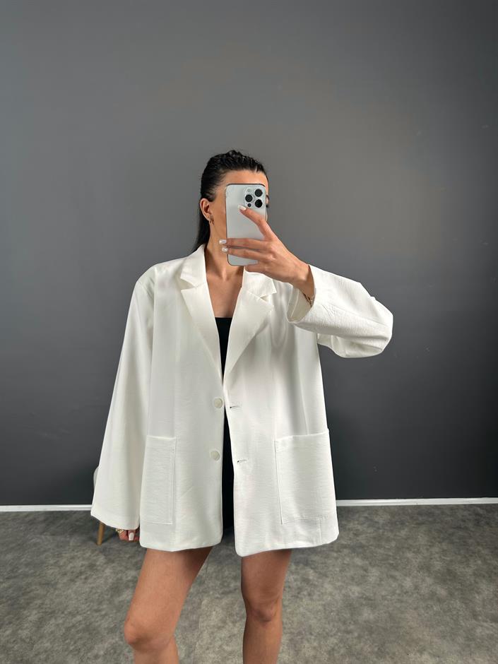 Muadil Beyaz Premium Keten Oversize Ceket