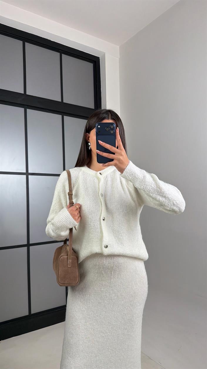 Ekru Hırka Beli Lastikli Etek Triko takım GAUS-00853