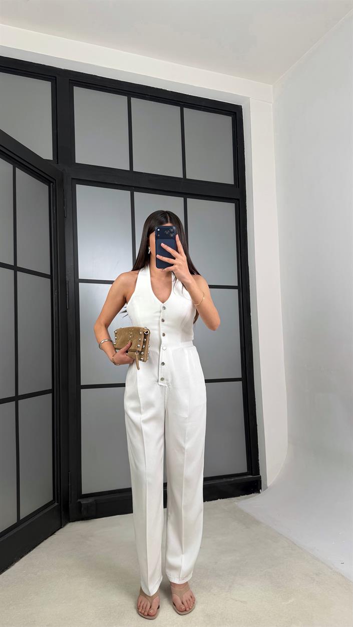 Beyaz Boyundan Bağlamalı Tasarım Tencel Denim Tulum GAUS-01357