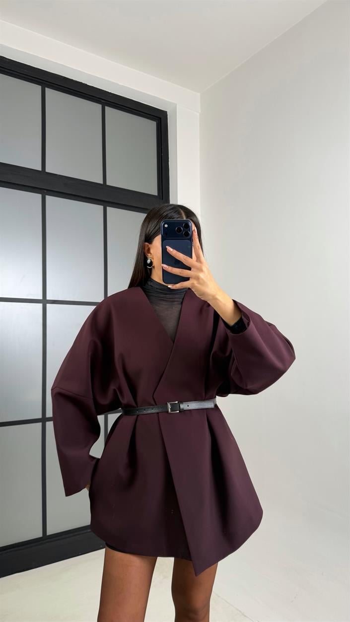 Mürdüm Kemerli Astarlı Cepli Premium Ceket GAUS-00818