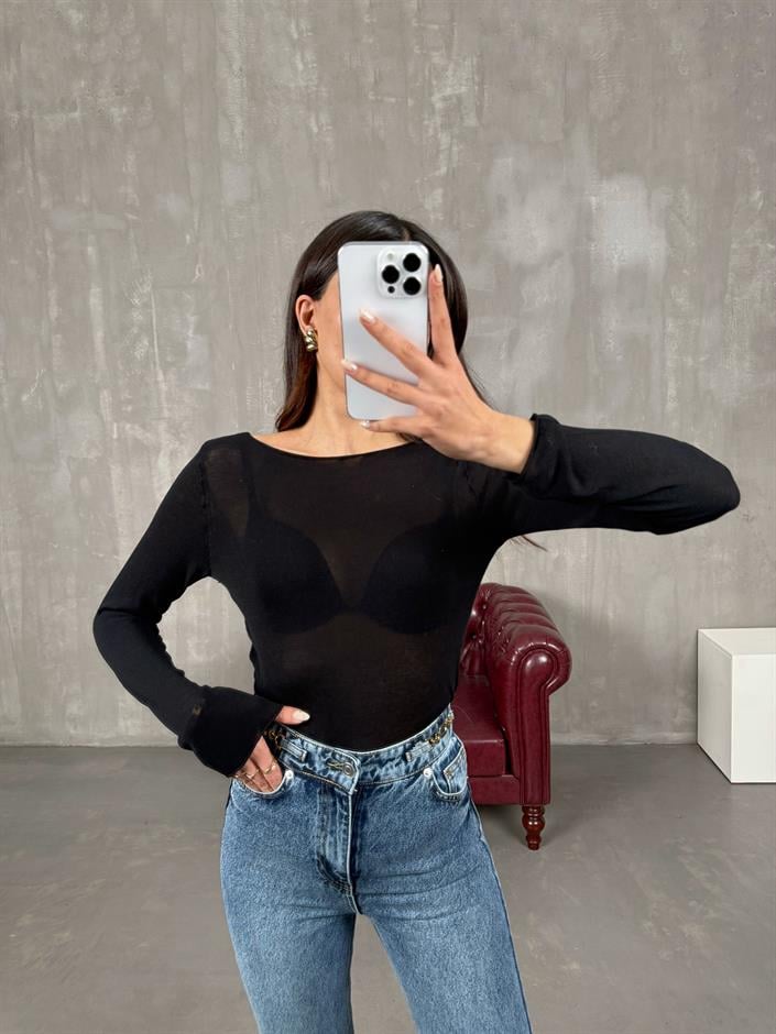 Sarpe Siyah Transparan İnce Triko