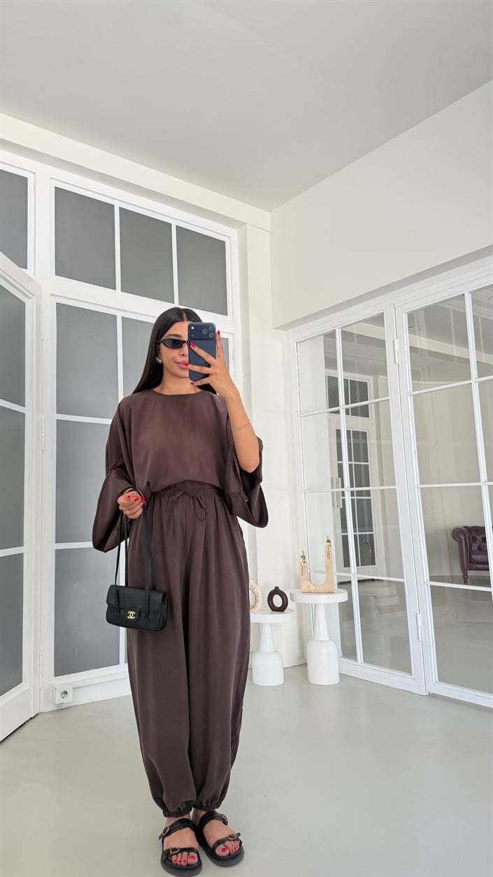 Kahve Yarasa Kol Bluz Beli Lastikli Şalvar Pantolon İkili Tencel Takım GAUS-01840