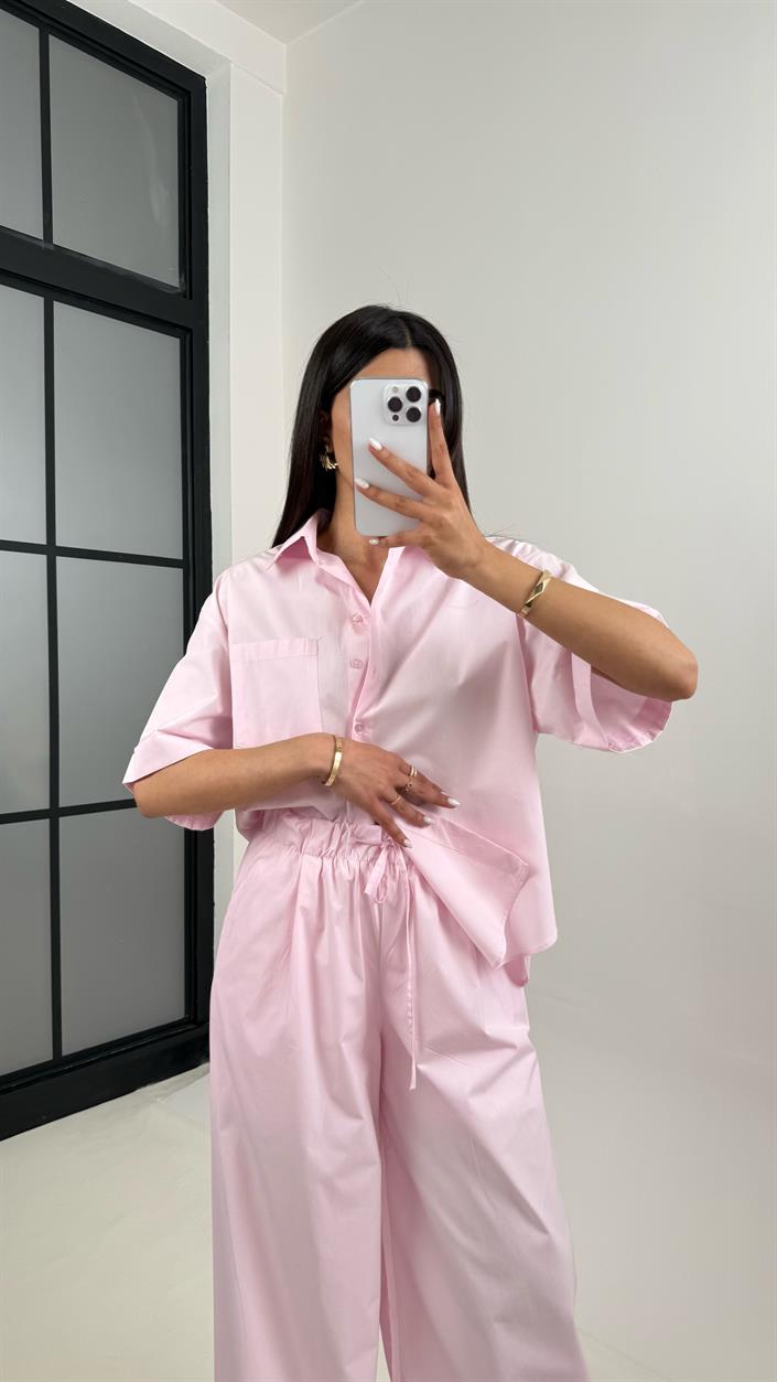 Pembe Yarım Kol Cepli Gömlek Beli Lastikli Pantolon Yarım Astarlı Pamuk Karışımlı Takım Gaus00356  