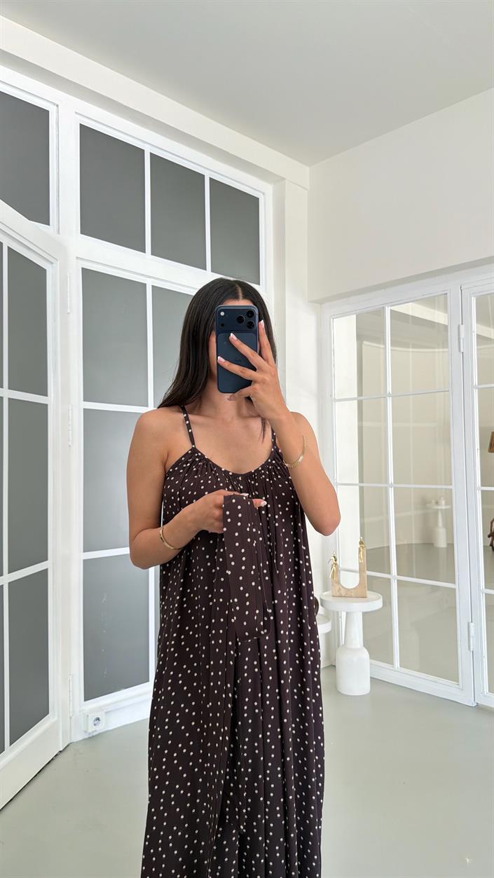 Acı Kahve Ayarlanabilir Askılı Fularlı Astarlı Puantiye Desenli Elbise GAUS-01666