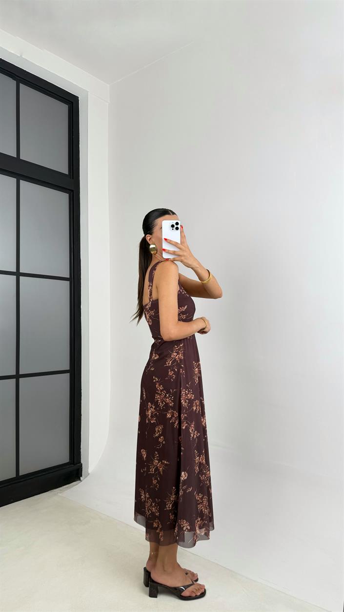 Kahve Askılı Dantel Detaylı Çiçek Desenli Astarlı Elbise GAUS-0046