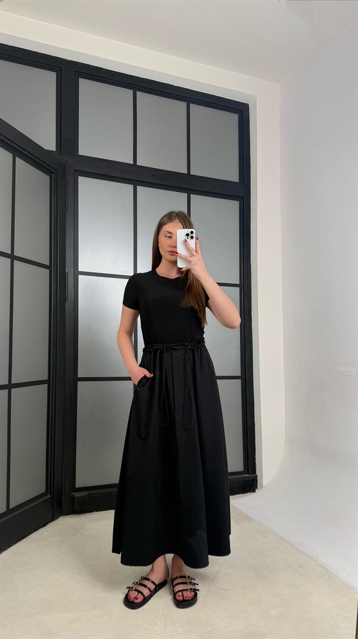 Siyah Kısa Kol Beli Lastikli Basic Elbise GAUS-01258