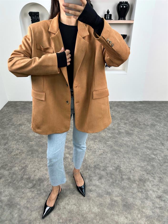 Taila Camel Astarlı Kemerli Süet Blazer Ceket