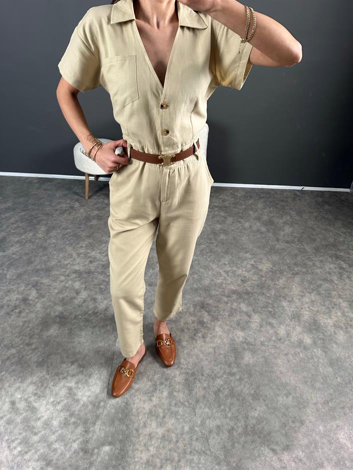 Holi Bej Arkası Lastikli Premium Keten Tulum 