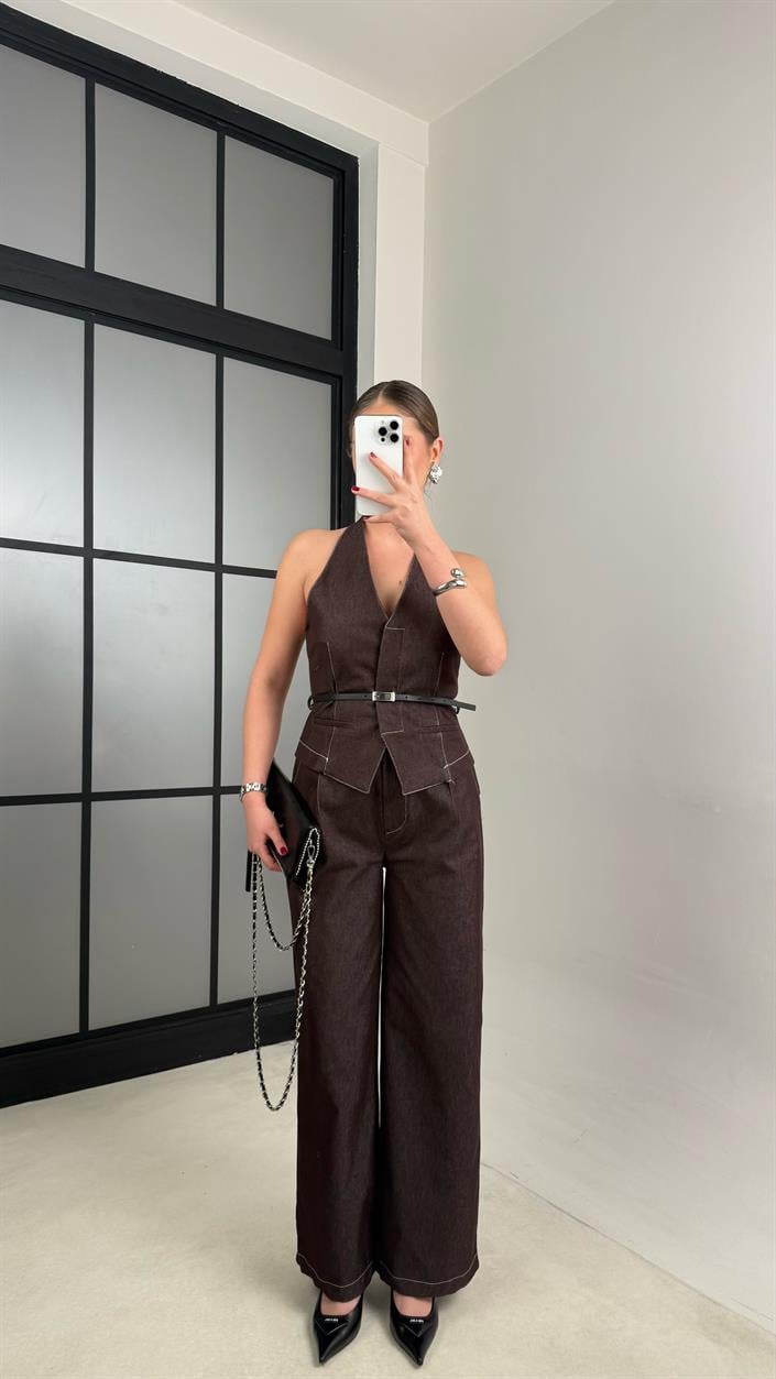 Acı Kahve Kemerli Yelek Pantolon İkili Denim Takım GAUS-00997