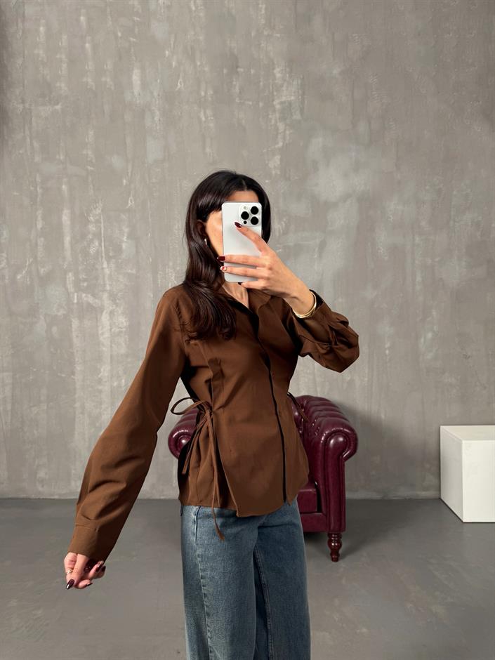 Tweed Kahve Yandan Bağlamalı Gömlek