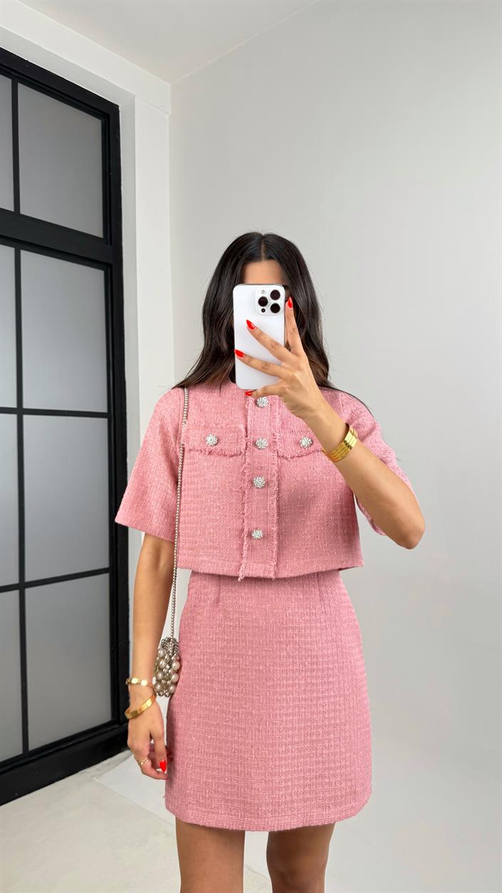 Pembe Düğme Detaylı Ceket Elbise İkili Tüvit Takım GAUS-0048