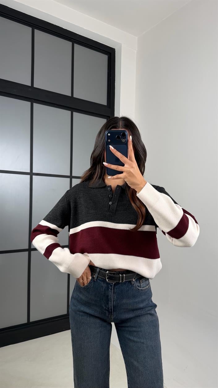 Antrasit Bordo Şeritli Polo Yaka Triko Kazak GAUS-00577