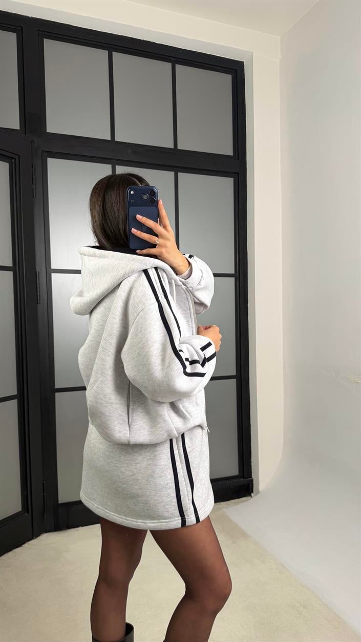 Gri Lacivert Şerit Detaylı Hırka Beli Bağcıklı Etek Şardonlu Takım Gaus-01174 GAUS-01175