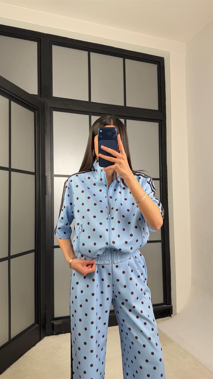Mavi Ceket Beli Lastikli Pantolon Puantiye Desenli Tasarım Takım GAUS-01432