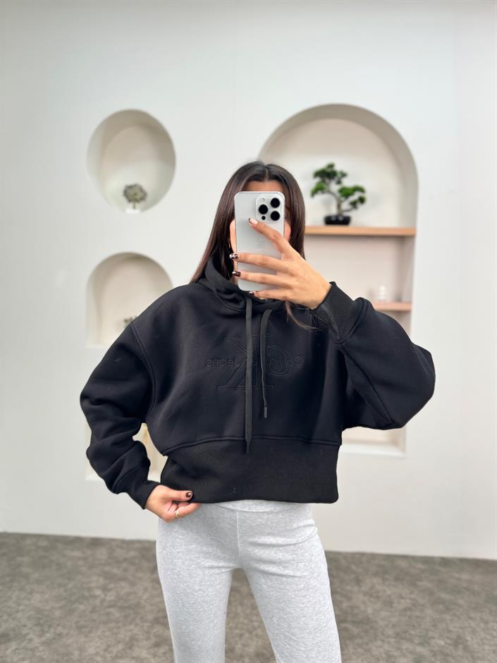 Jime Siyah Muadil Crop Kapüşonlu Şardonlu Sweatshirt