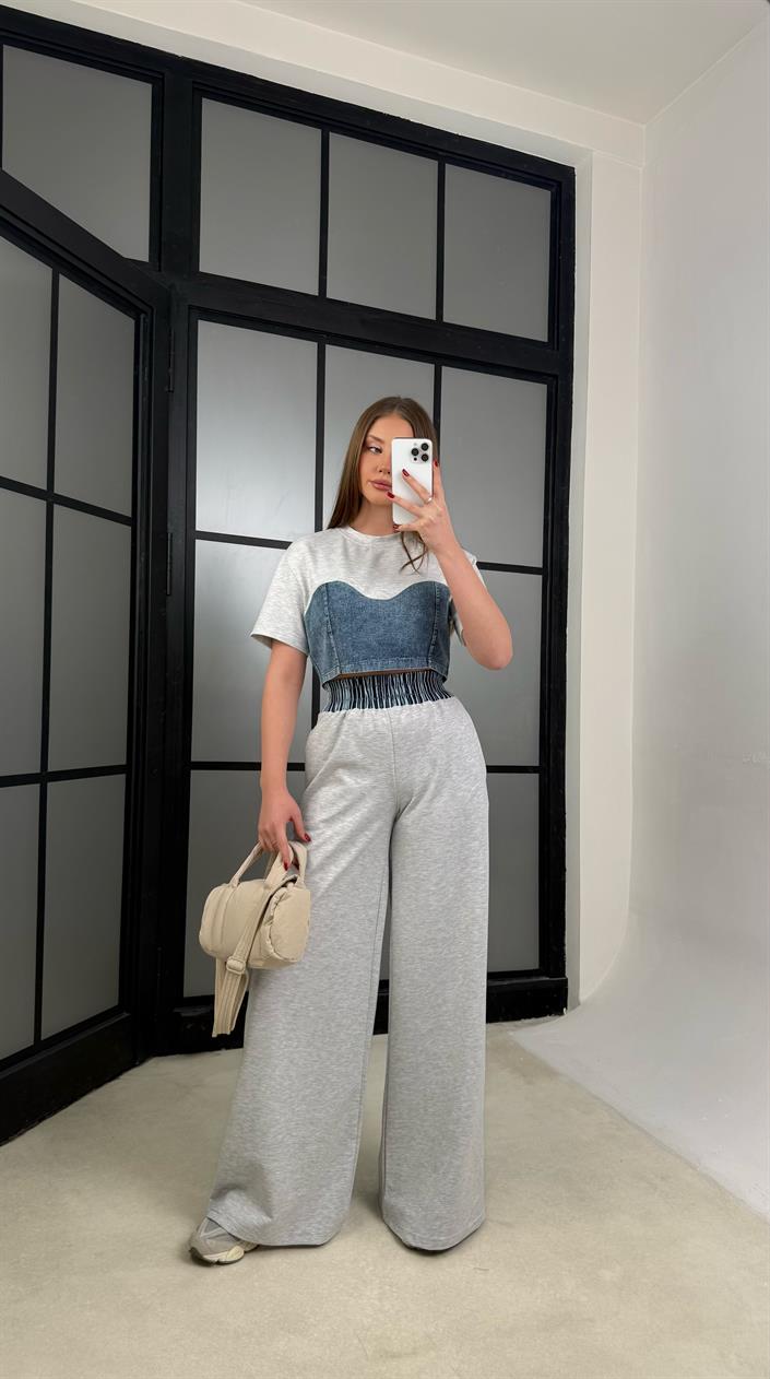 Gri Denim Detaylı Crop Beli Lastikli Pantolon Premium Takım GAUS-01273