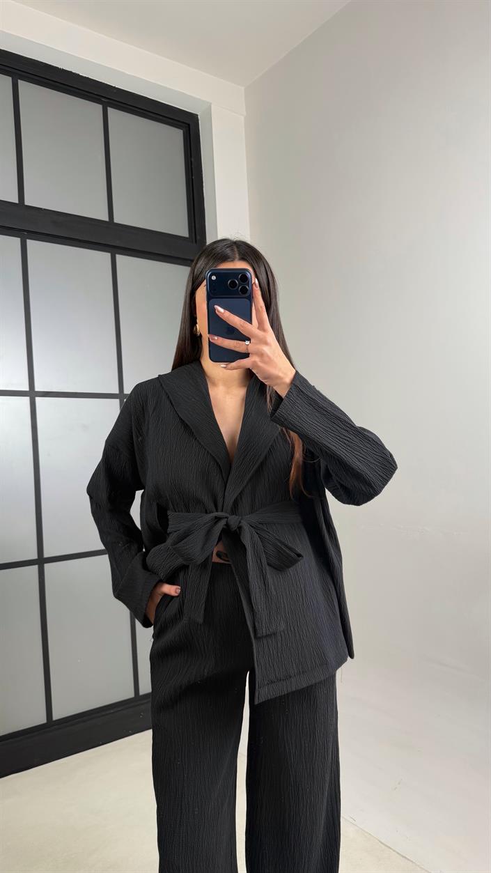Siyah Kimono Beli Lastikli Pantolon İkili Muadil Takım GAUS-01113