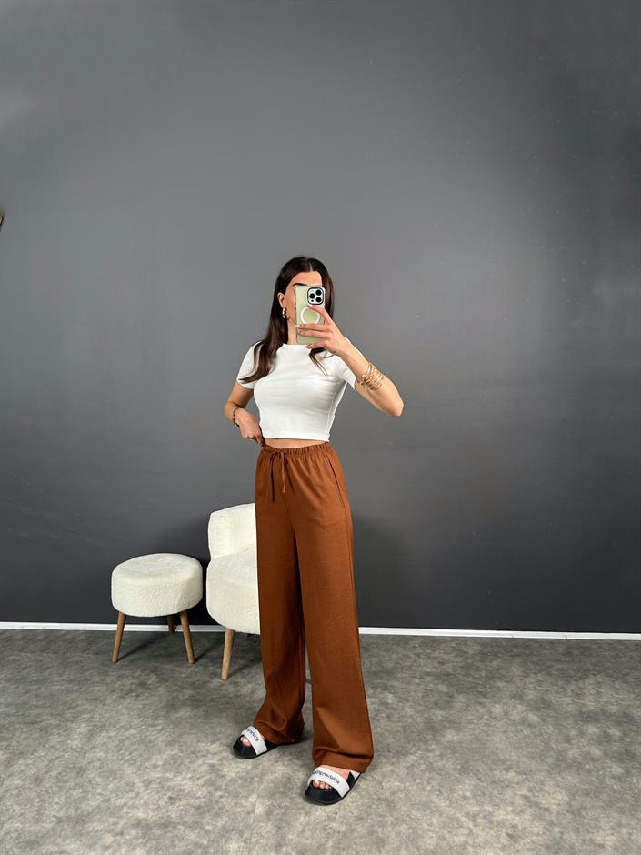 Nia Kahverengi Keten Beli Lastikli Pantolon