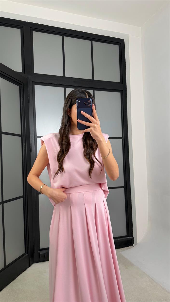 Pembe Vatkalı Bluz Cepli Etek İkili Modal Takım GAUS-01311