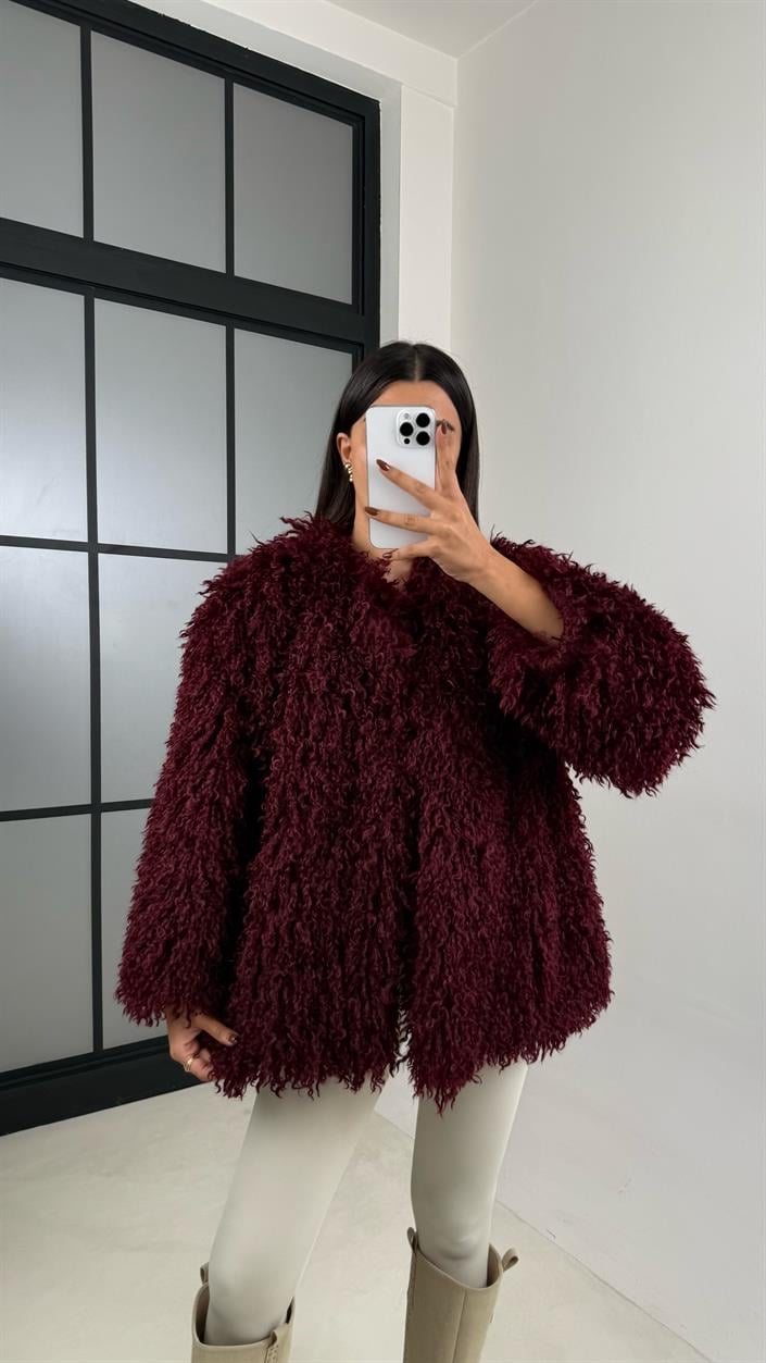 Bordo Saçaklı Astarlı Premium Kürk GAUS-00332