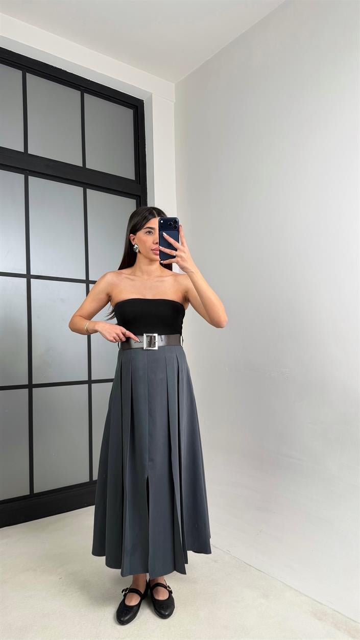 Antrasit Deri Kemerli Yırtmaçlı Tencel Etek GAUS-01088
