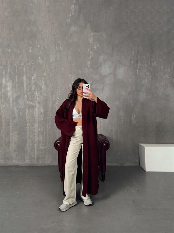 Nivera Bordo Oversize Premium Uzun Hırka