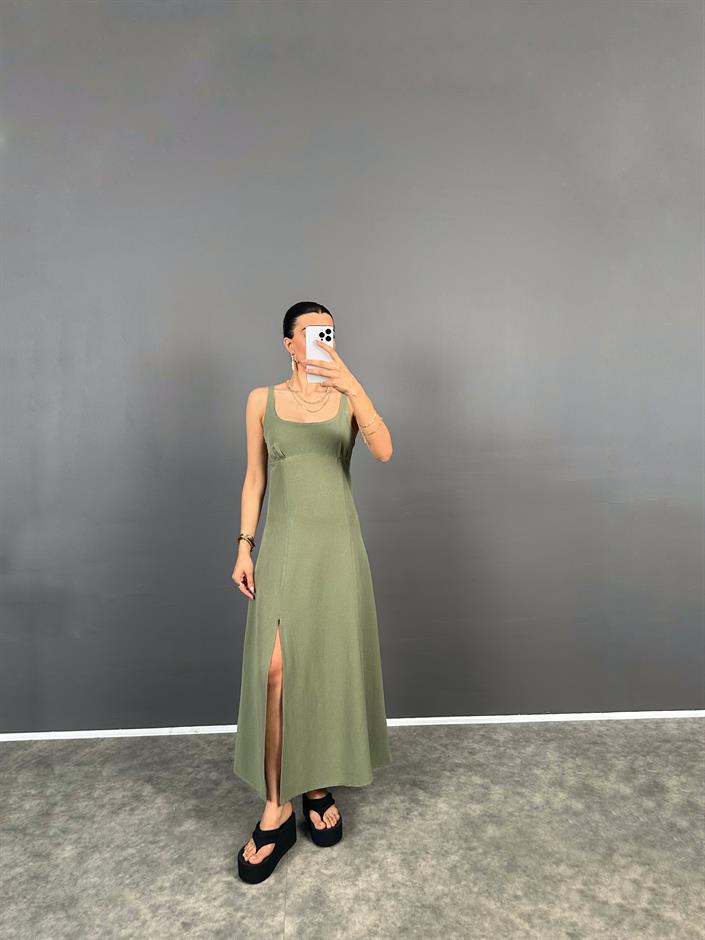 Uxor Haki Askılı Yırtmaçlı Uzun ZR Model Keten Elbise