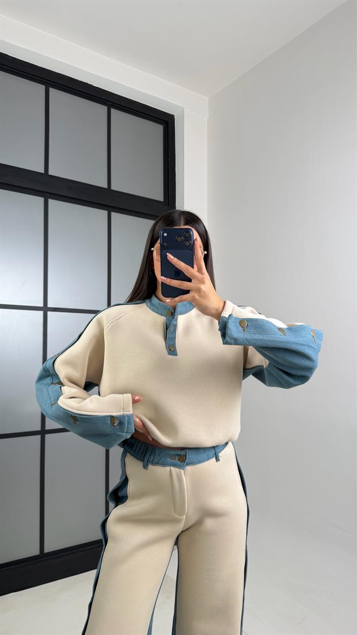 Taş Denim Detaylı Şardonlu Sweatshirt Eşofman Takım GAUS-00839